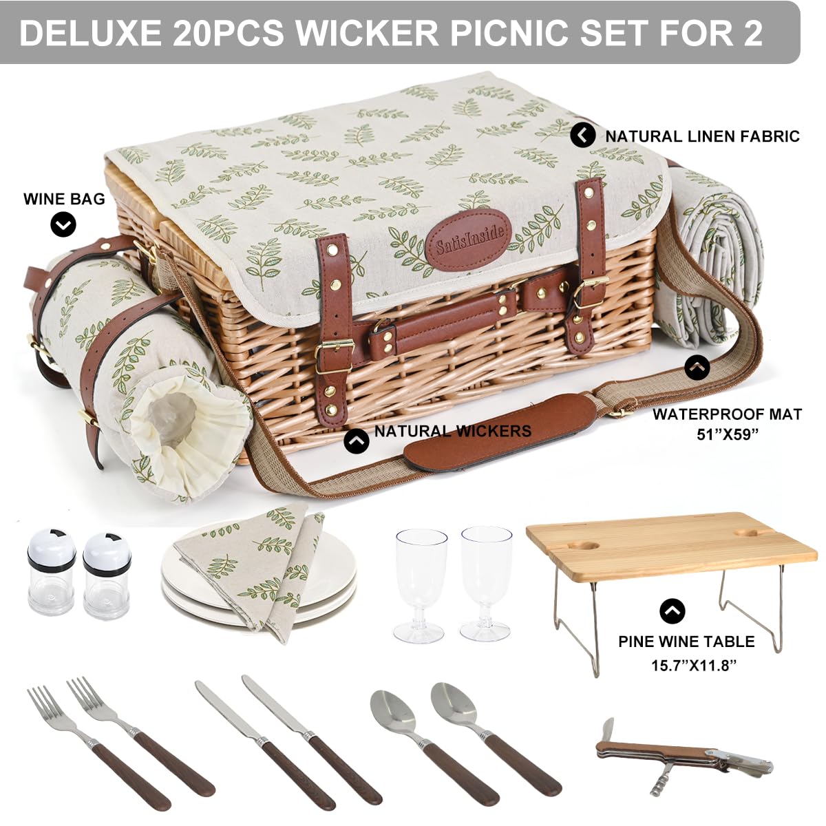 SatisInside waterproof picnic blanket accompanying the basket for damp outdoor picnics.