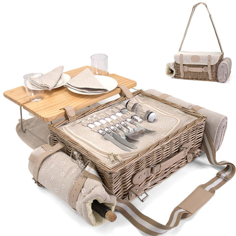 SatisInside wicker basket with insulated cooler keeps meals fresh outdoors