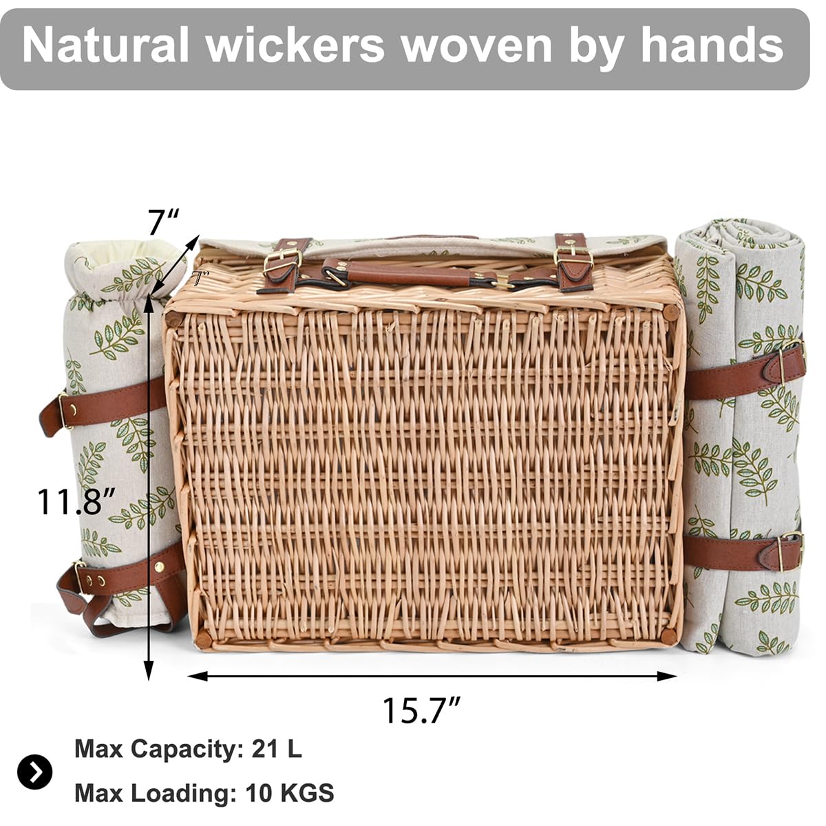 SatisInside wicker picnic basket with leatherette handle ready for a stylish picnic.