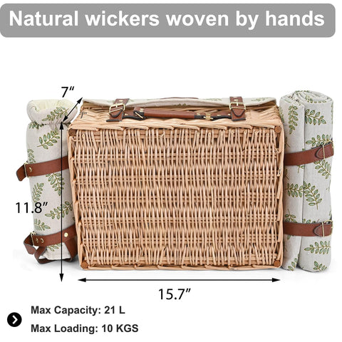 SatisInside wicker picnic basket with leatherette handle ready for a stylish picnic.