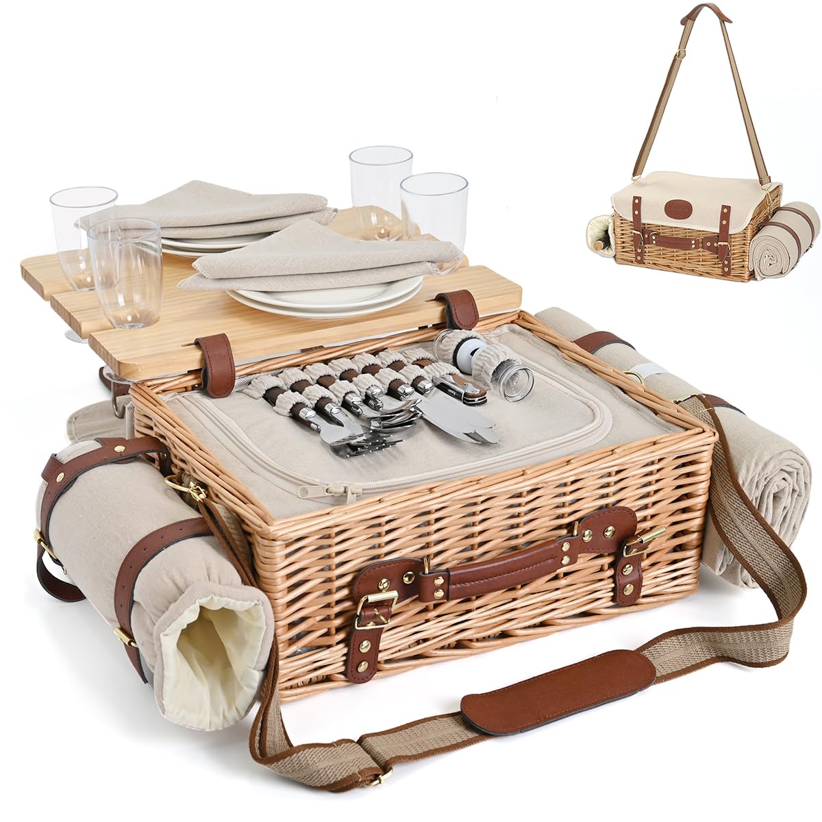 SatisInside wicker picnic basket for four with hand-woven charm for family picnics.