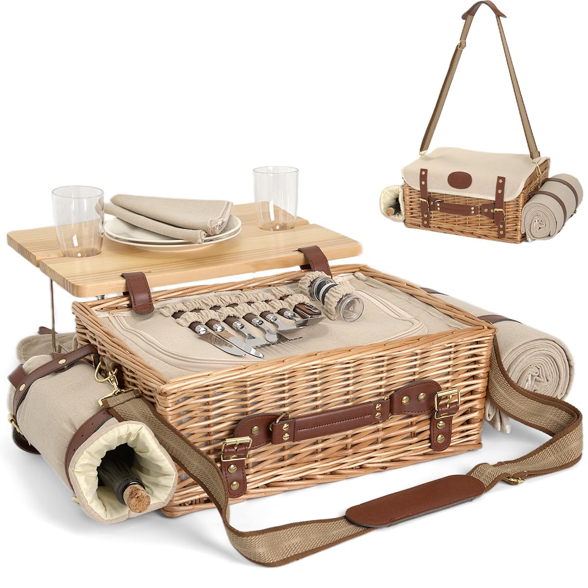 SatisInside wicker picnic basket with insulated interior keeps meals fresh for outdoor picnics.