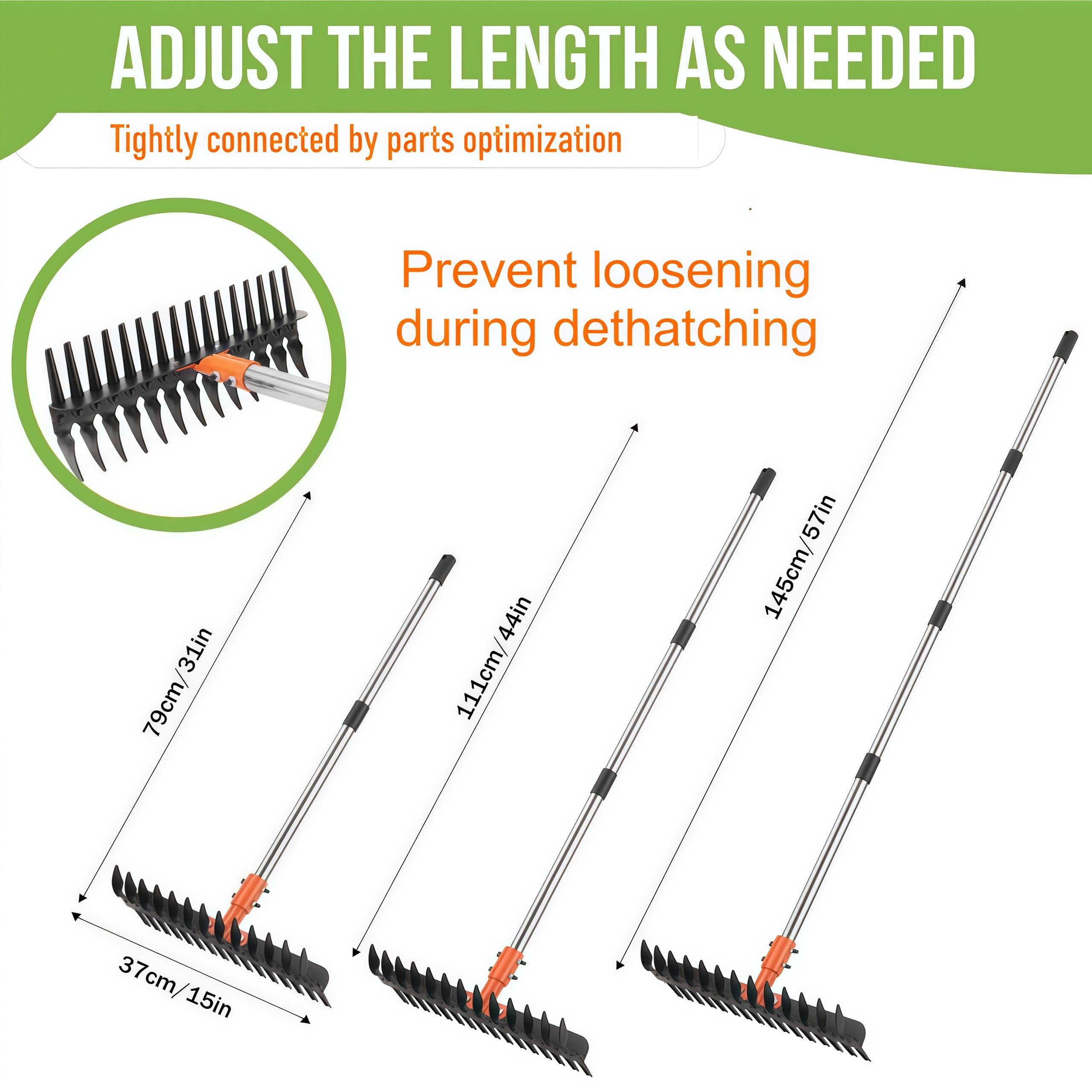 SATOCVAY adjustable-handle dethatching rake extended to suit user height