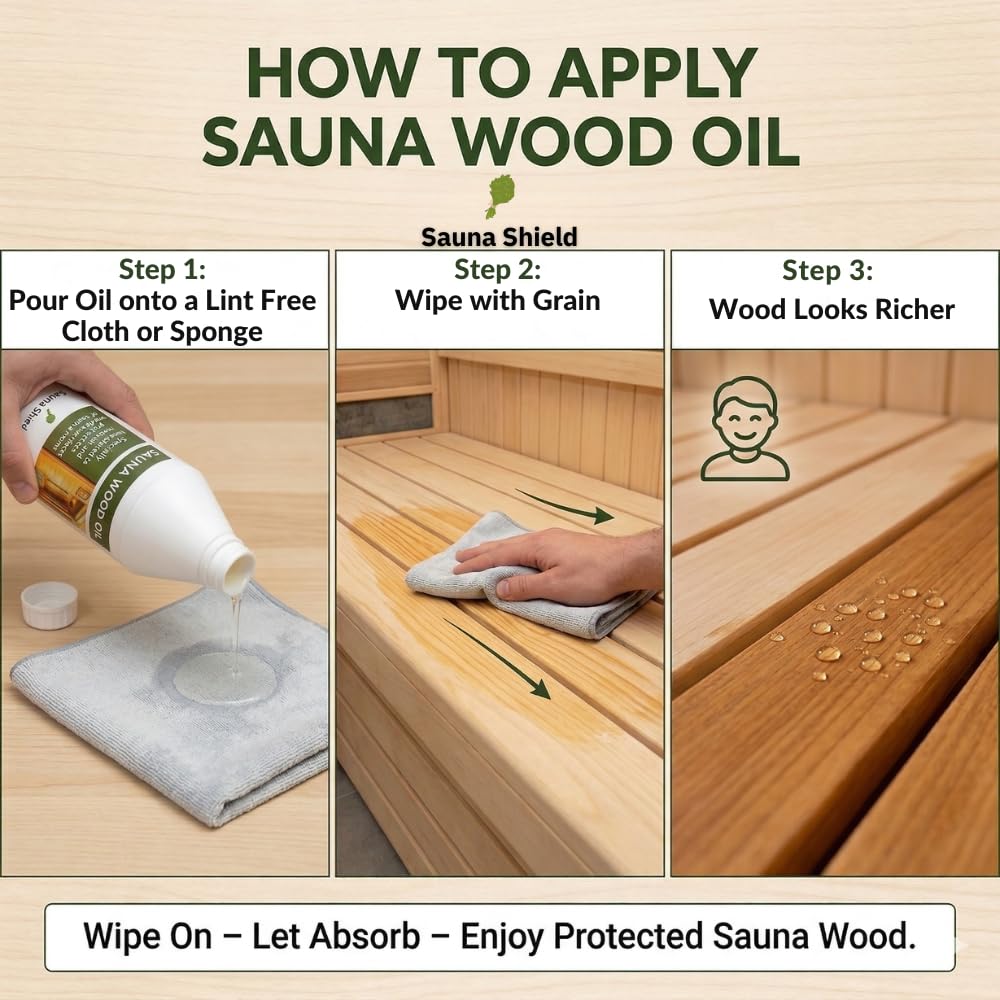 Wood surface treated by Sauna Shield oil for moisture resistance.