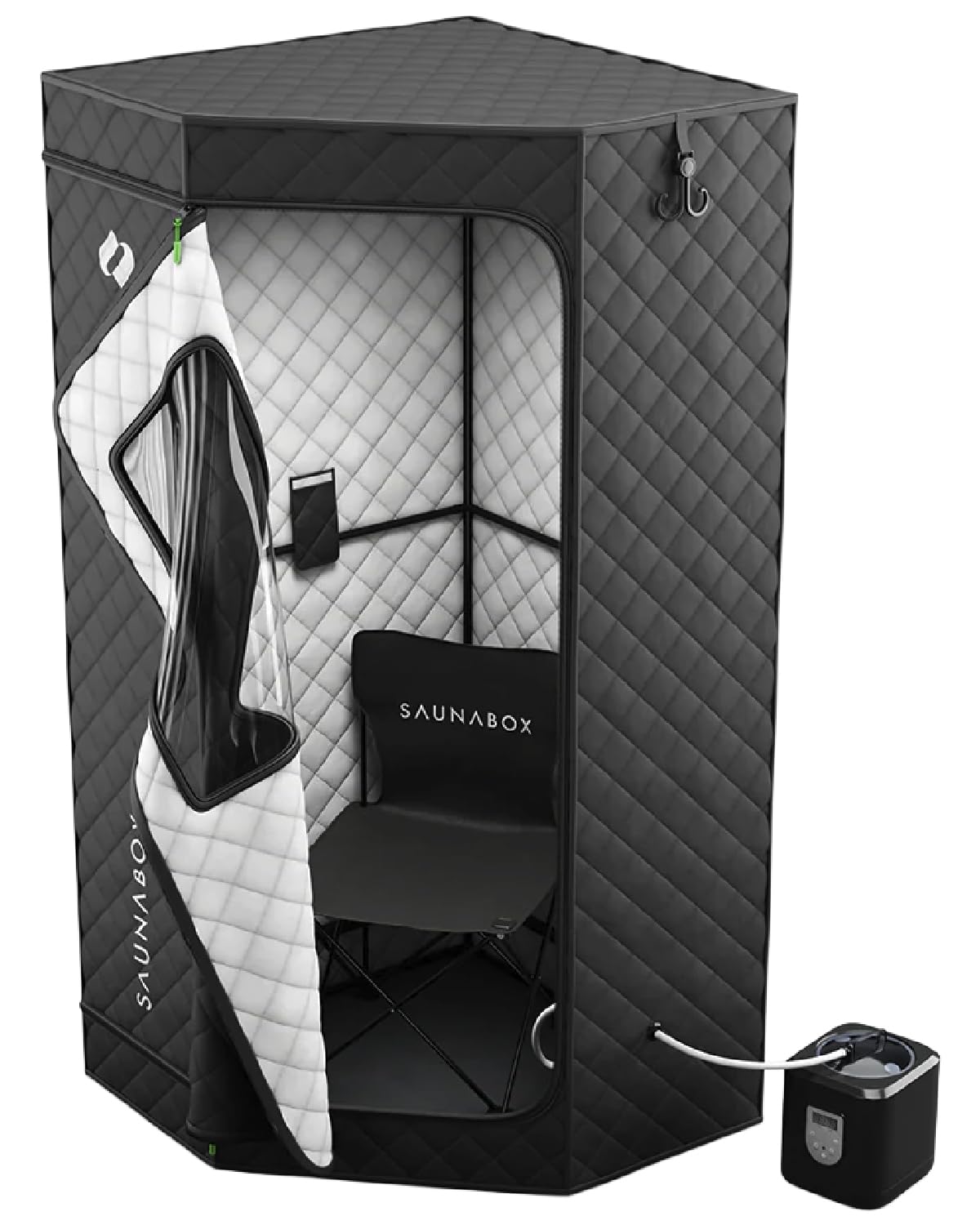 SAUNABOX SmartSteam Pro front view with portable chair for at-home steam therapy