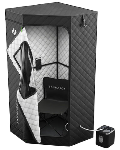 SAUNABOX SmartSteam Pro front view with portable chair for at-home steam therapy