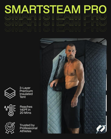 SAUNABOX SmartSteam Pro tent set up in a compact home space for easy use