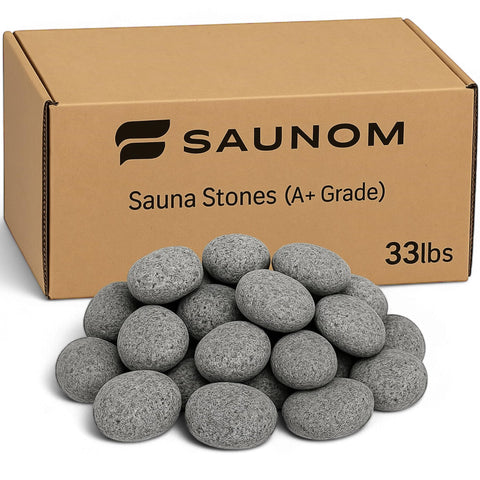 SAUNOM Premium sauna rocks in a pre-sized box for quick setup and reliable heat