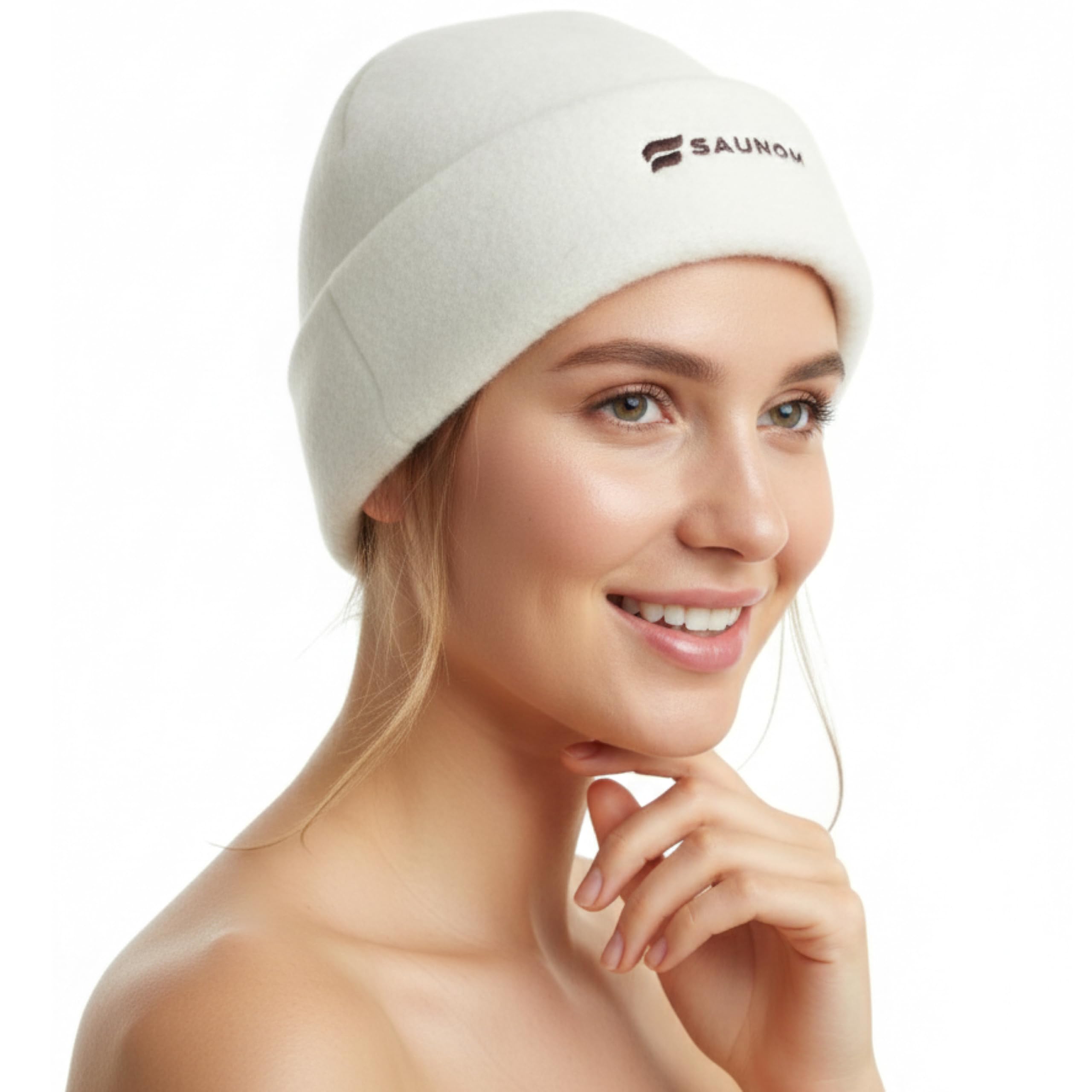 SAUNOM premium soft sauna beanie front view shows itch-free merino comfort