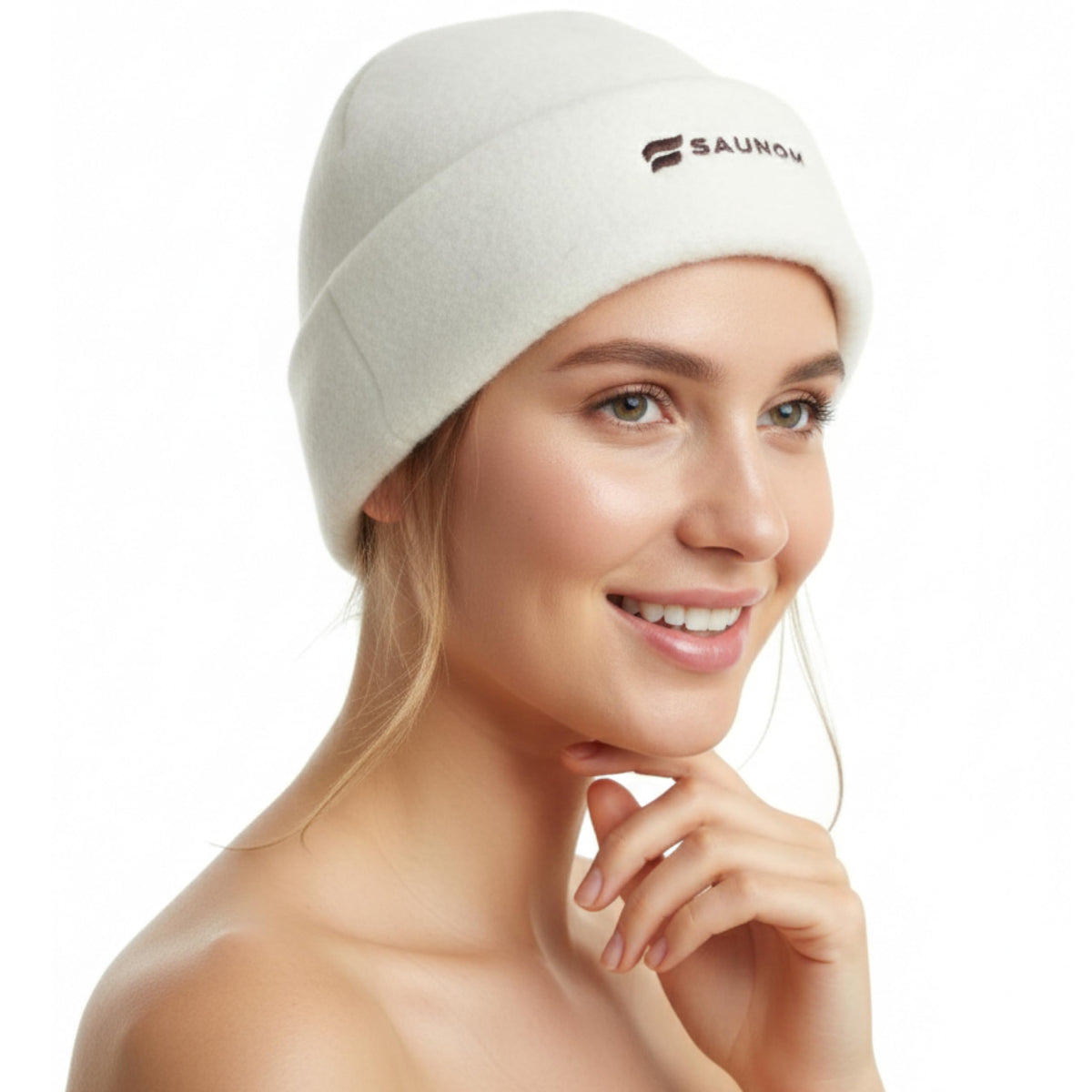 SAUNOM premium soft sauna beanie front view shows itch-free merino comfort