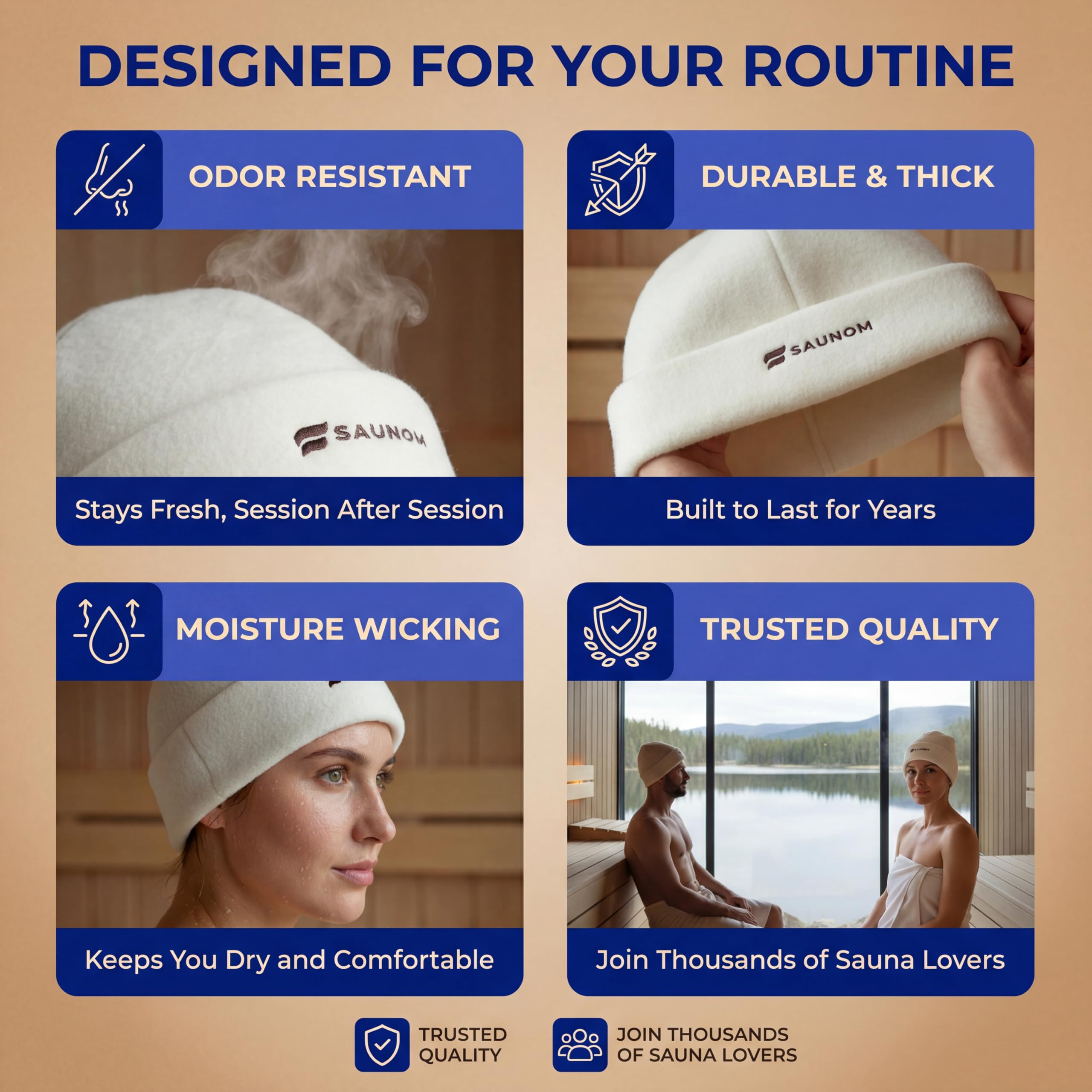 SAUNOM premium soft sauna beanie in use illustrates breathable, moisture-wicking warmth