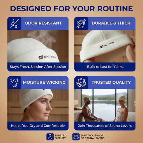 SAUNOM premium soft sauna beanie in use illustrates breathable, moisture-wicking warmth