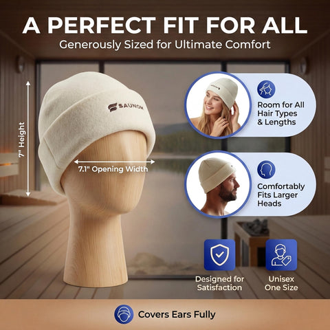 SAUNOM premium soft sauna beanie packaged ready for gifting and display