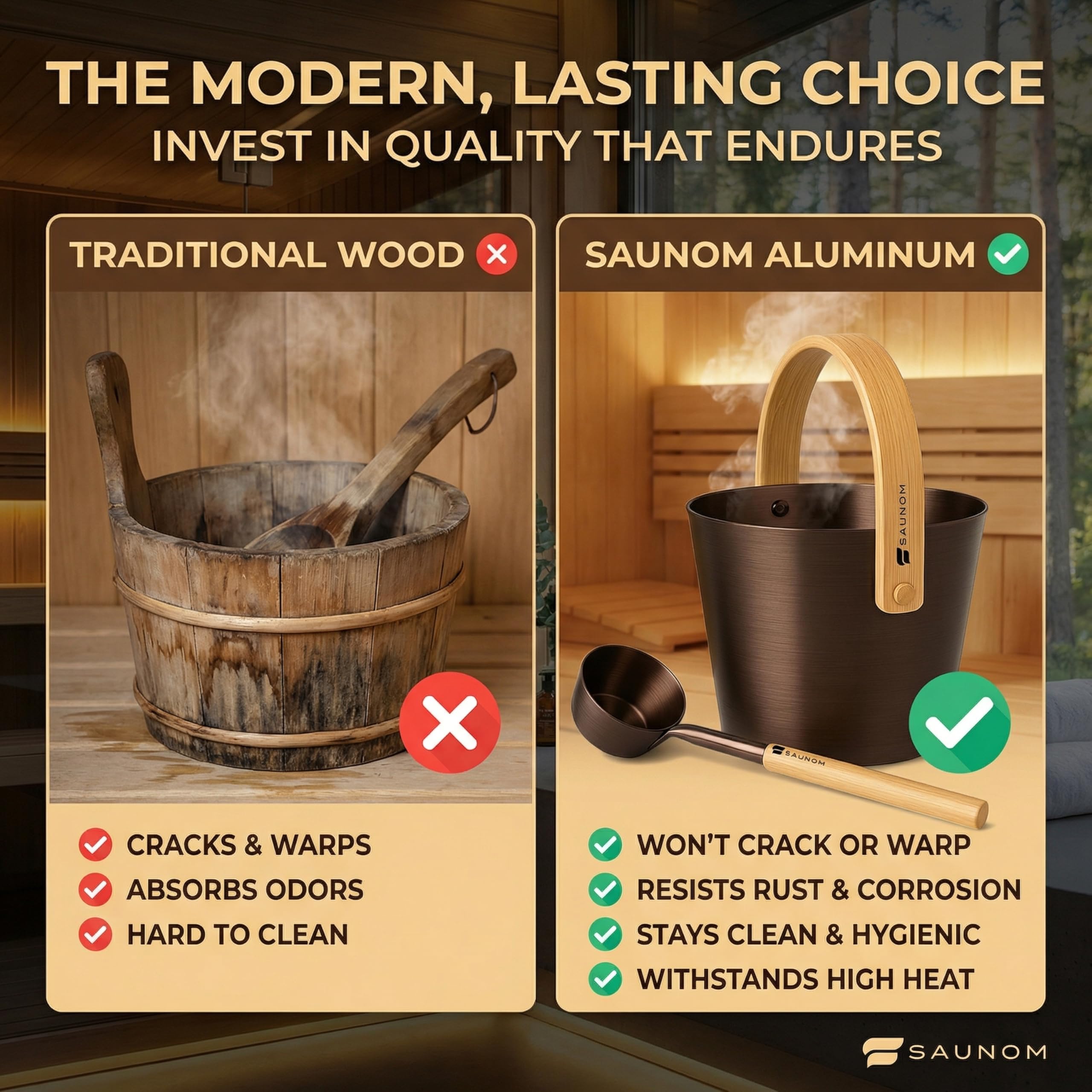 SAUNOM sauna set overview emphasizing premium materials and design