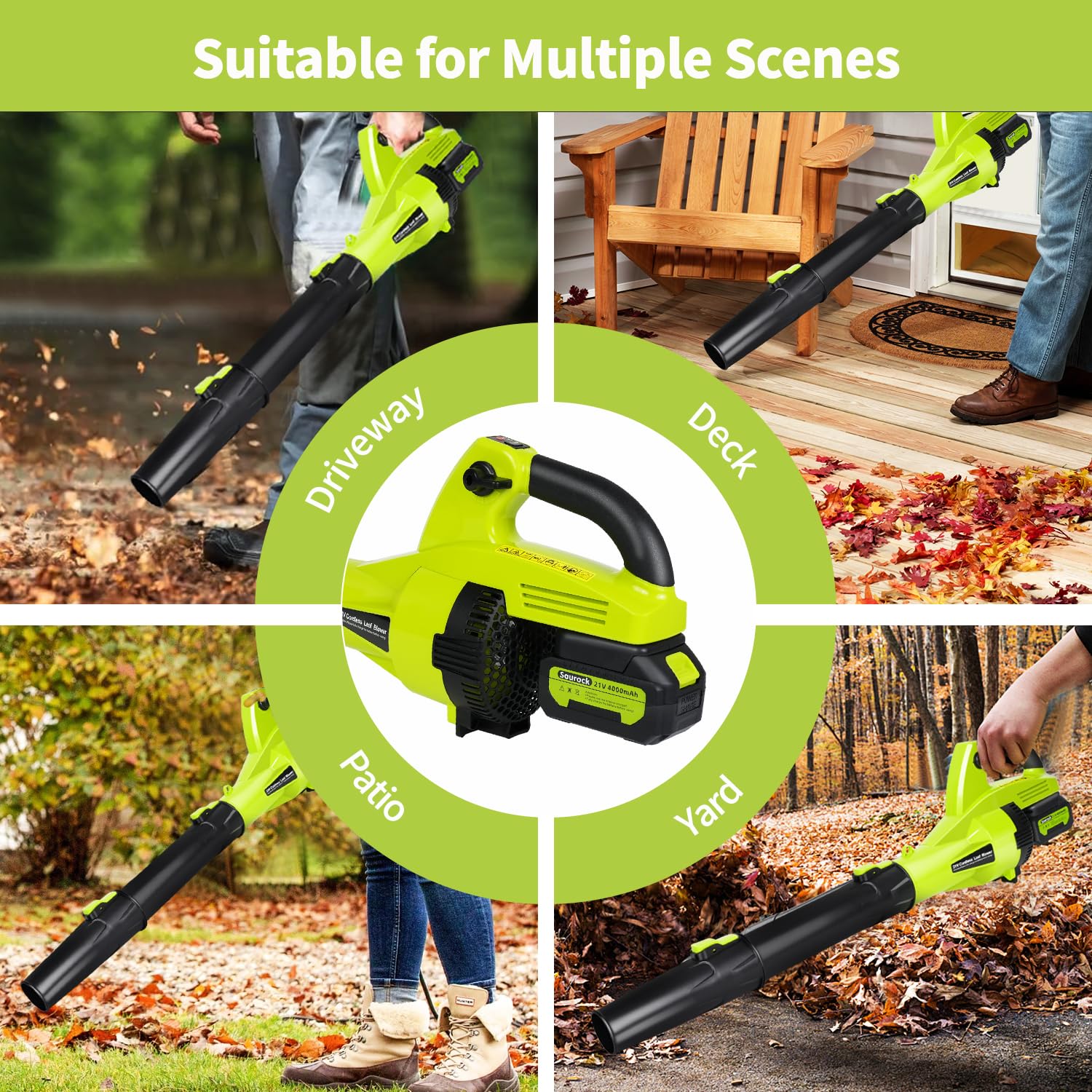 SAUROCK cordless blower ideal for lawn, patio, driveway, and garage tasks