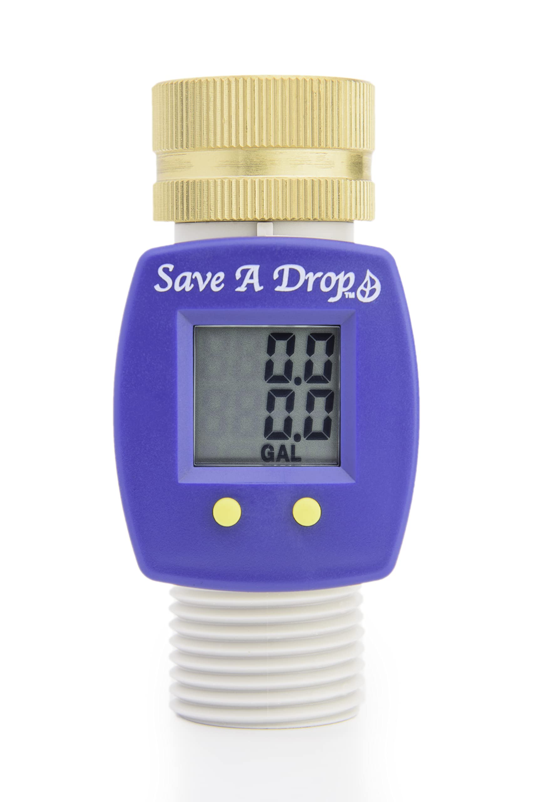 Save A Drop P3 water flow meter with brass swivel mounted on a hose for precise tracking.