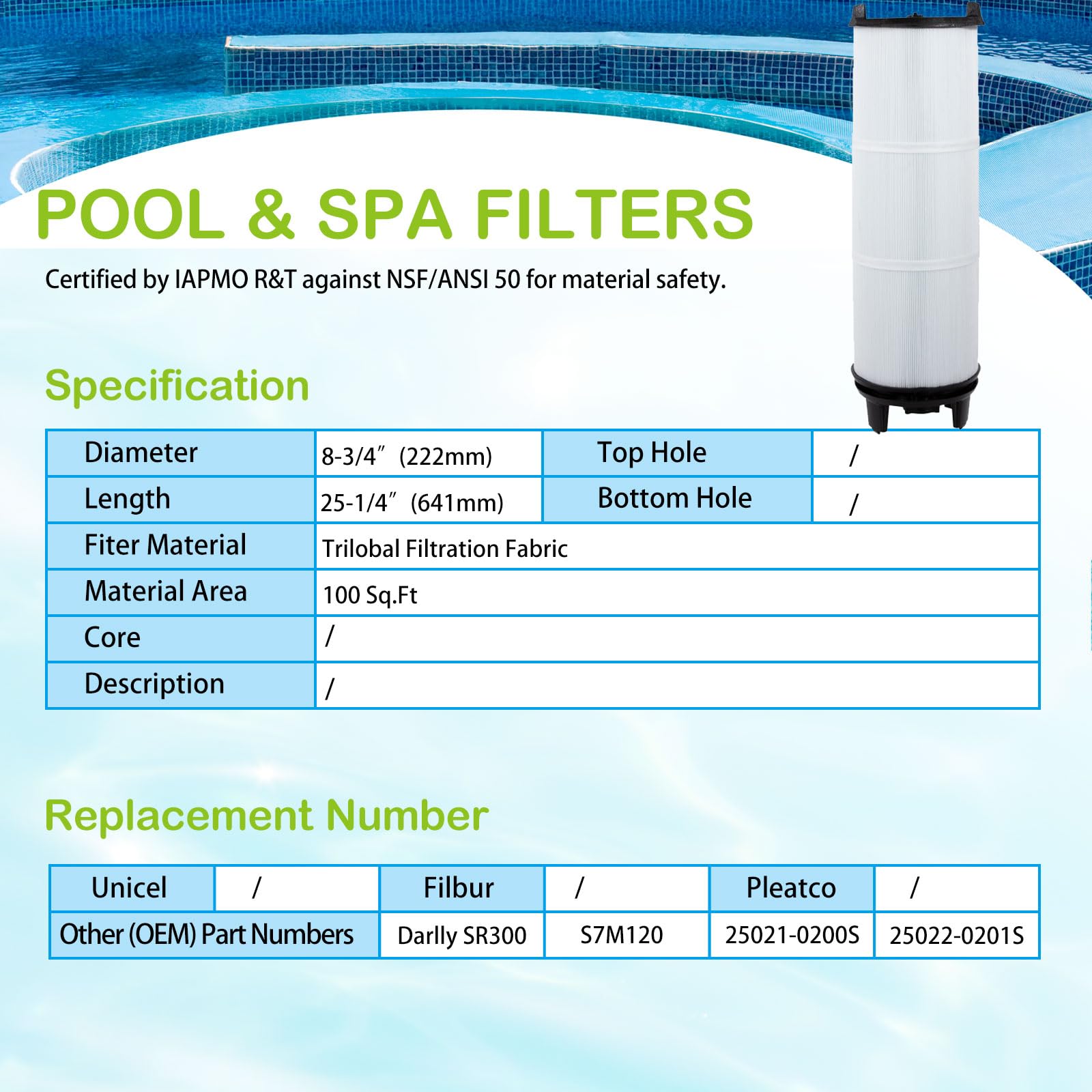 Savener S7M120 inner filter dimensions and 100 sq ft filtration area