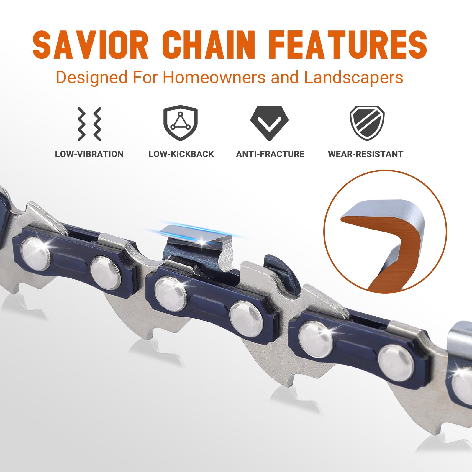 Savior 16-inch chain with 56 drive links emphasizes precise engagement and low kickback