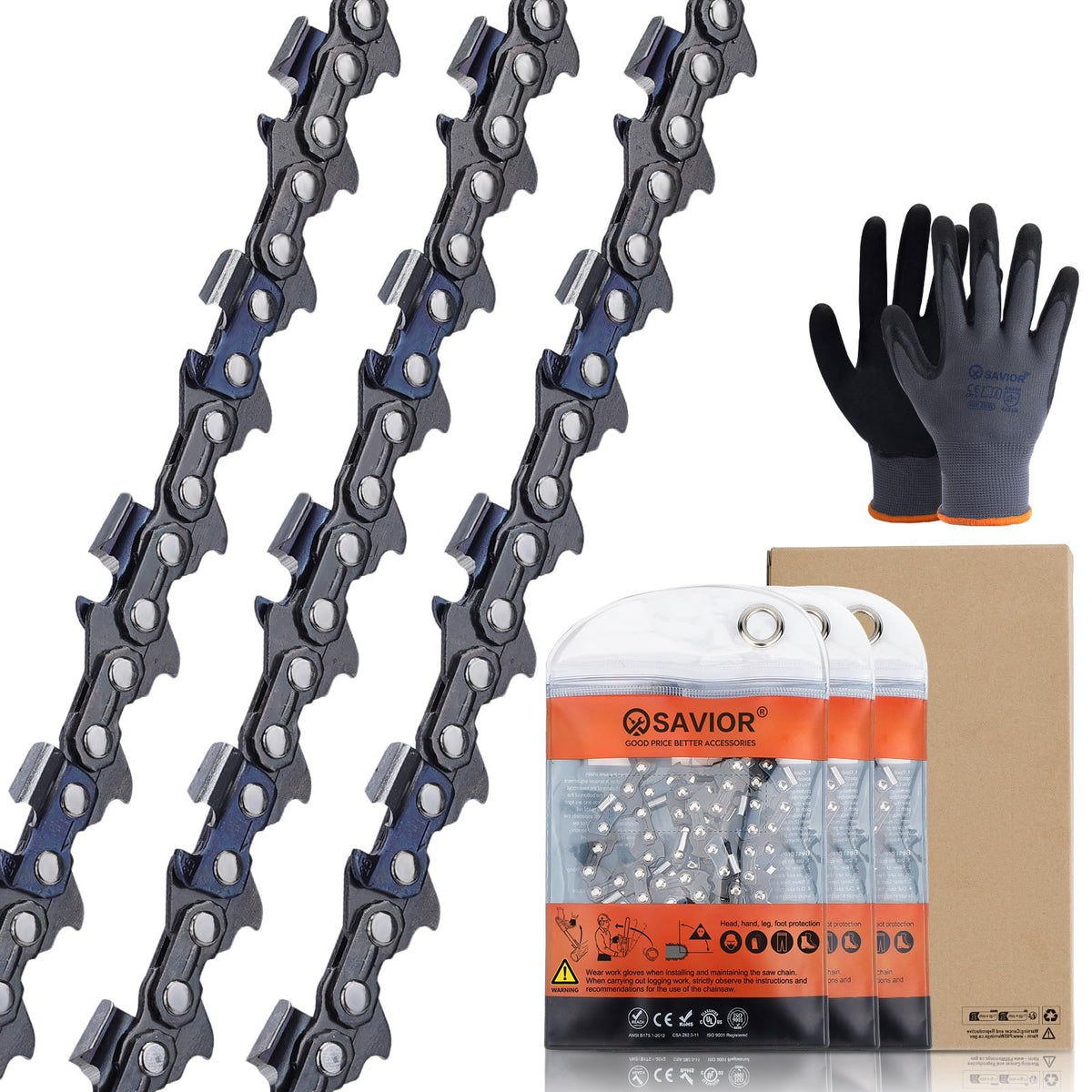 Close-up of Savior 20-inch chain showing 3-8 pitch and .050 gauge for smooth cutting