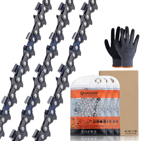 Close-up of Savior 20-inch chain showing 3-8 pitch and .050 gauge for smooth cutting