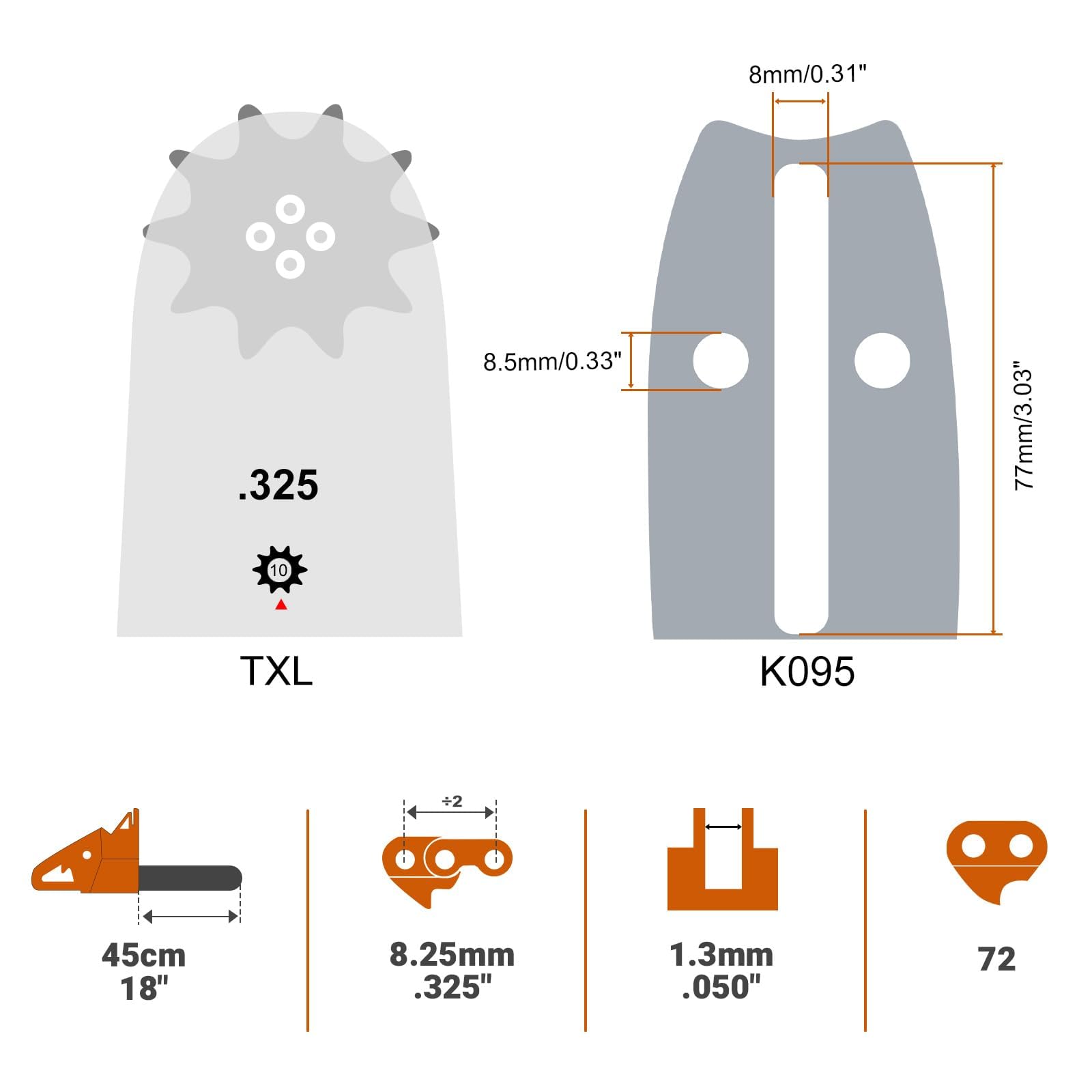 Savior 325-pitch chain close-up highlights precise cutting action.