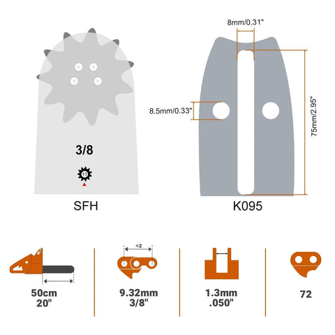 Savior 72-drive-link chain with 3/8 pitch and .050 gauge boosts cutting efficiency.