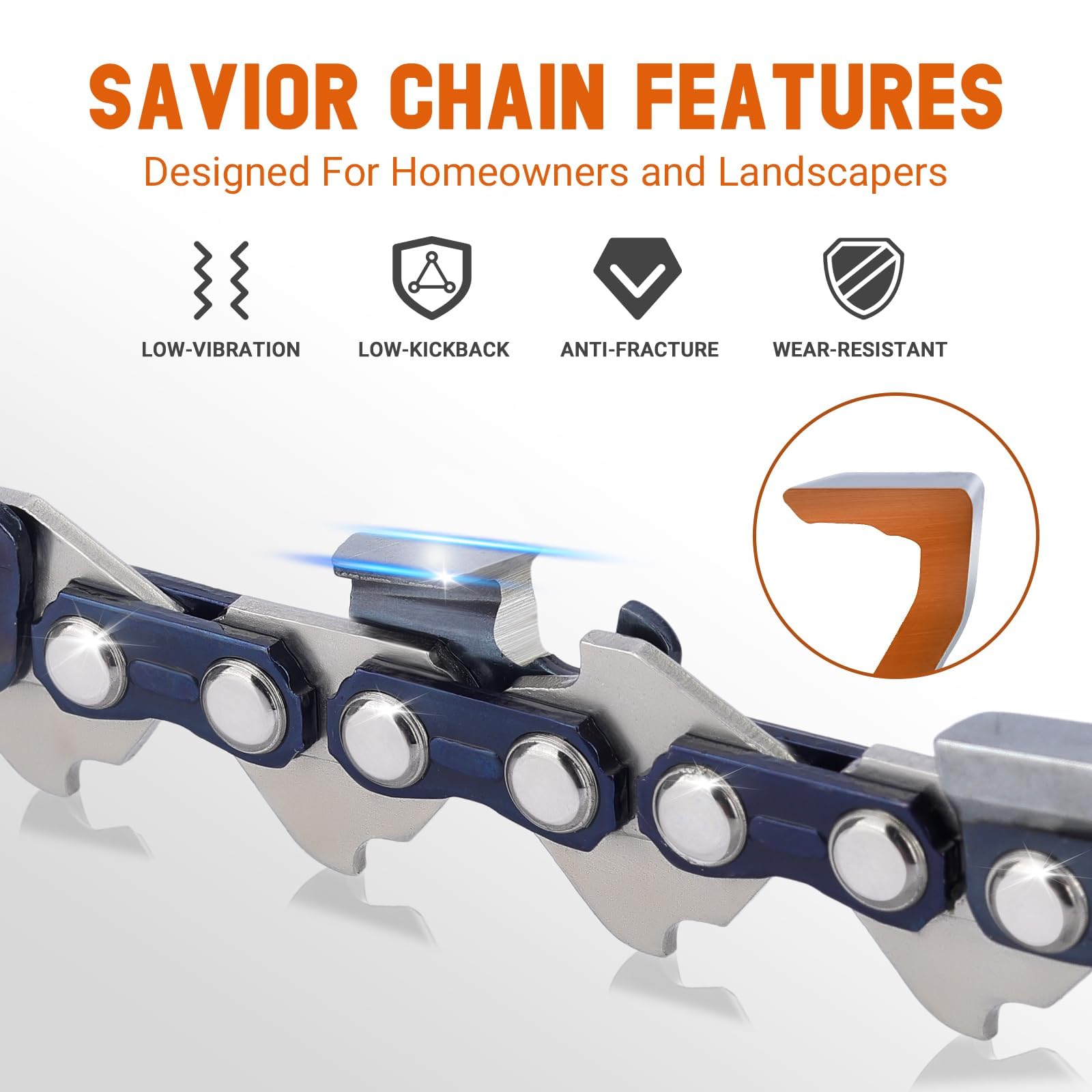 Savior 72-drive-links detail shows robust linkage for durability.