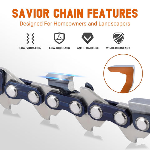 Savior 72-drive-links detail shows robust linkage for durability.