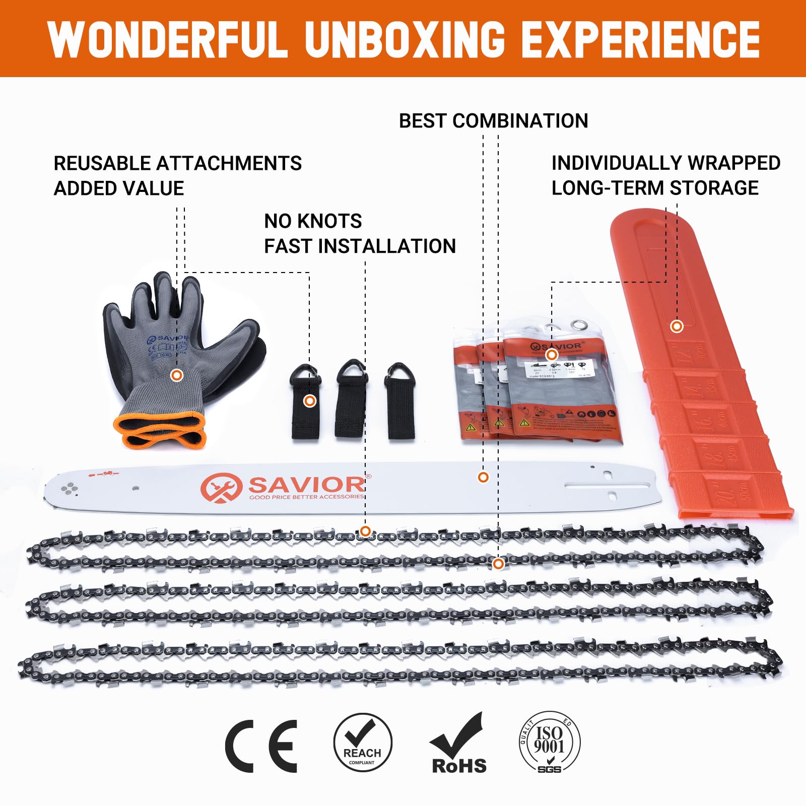 Savior bar and chain packaging shows complete kit contents