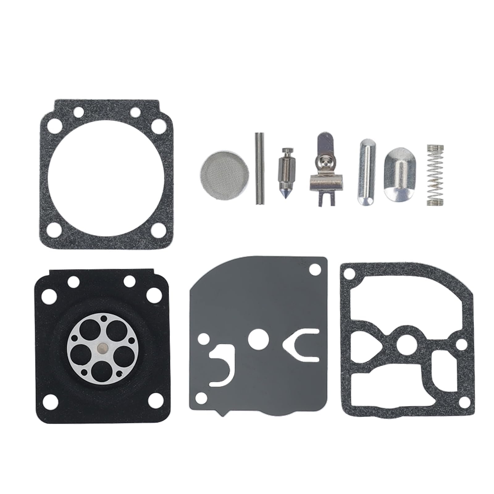 Savior carb kit parts arranged for clear viewing and instructions reference