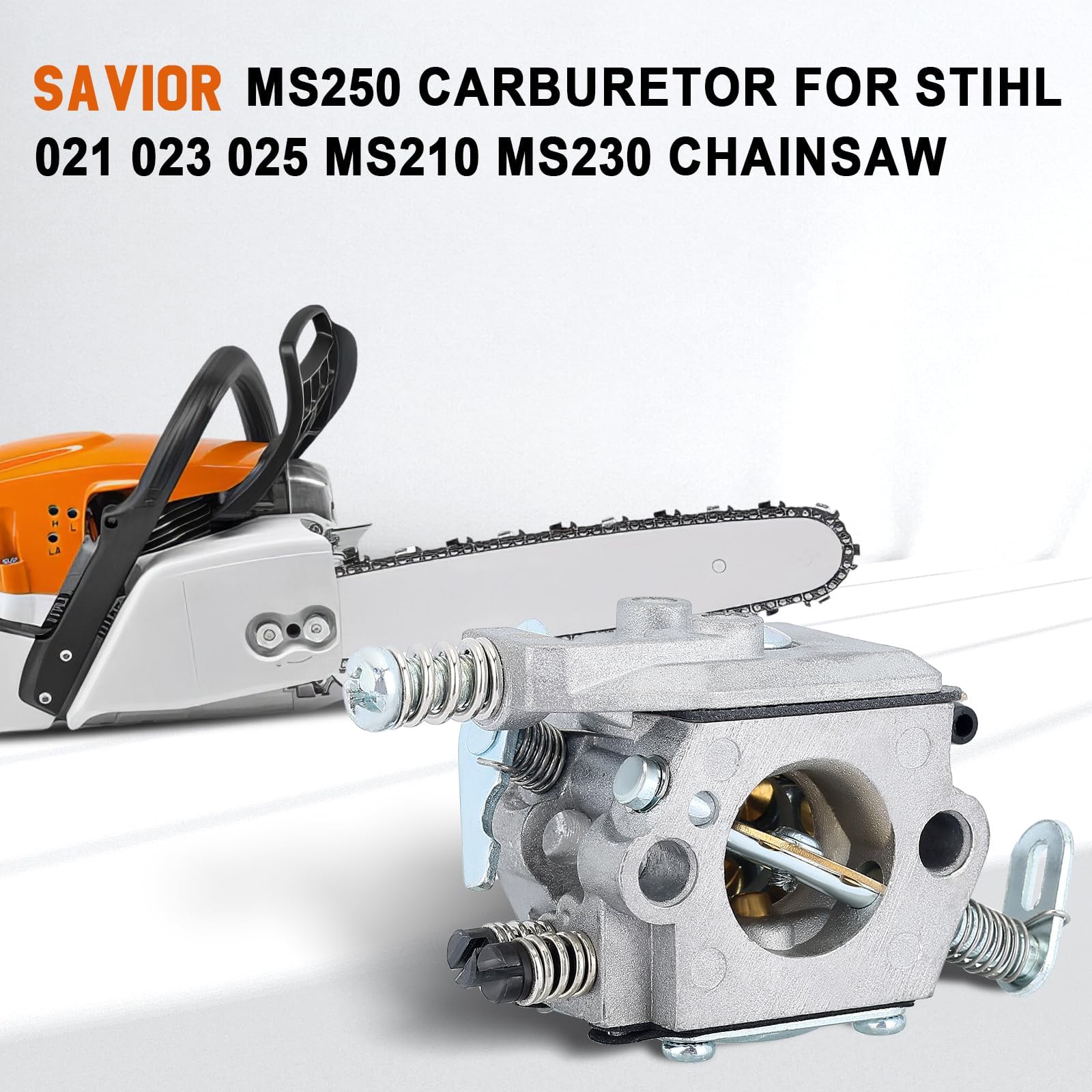 Savior MS250 carburetor packaging contents including gasket, cleaner and lines.