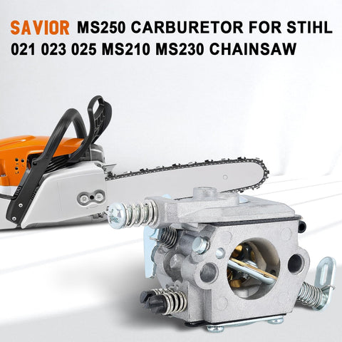Savior MS250 carburetor packaging contents including gasket, cleaner and lines.