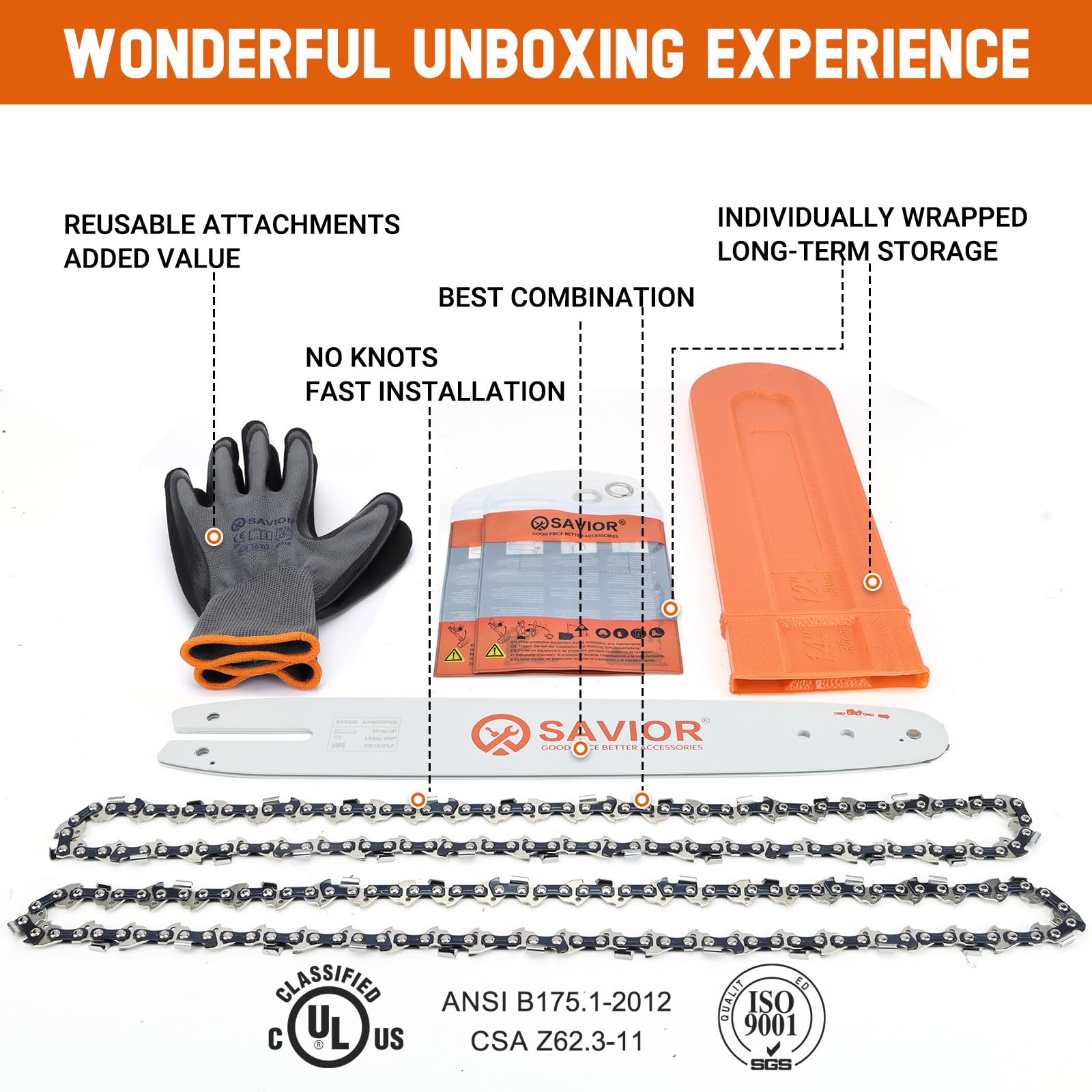 Savior packaging shows two chains, bar, and storage bags