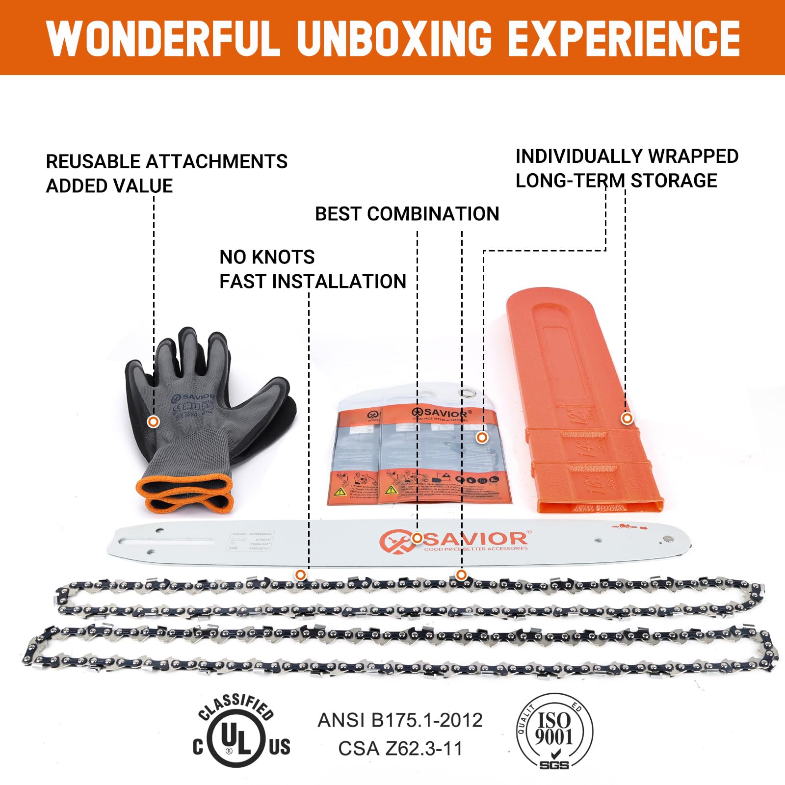 Savior packaging includes bar, two chains, gloves, and storage bag for ready-to-work kit.