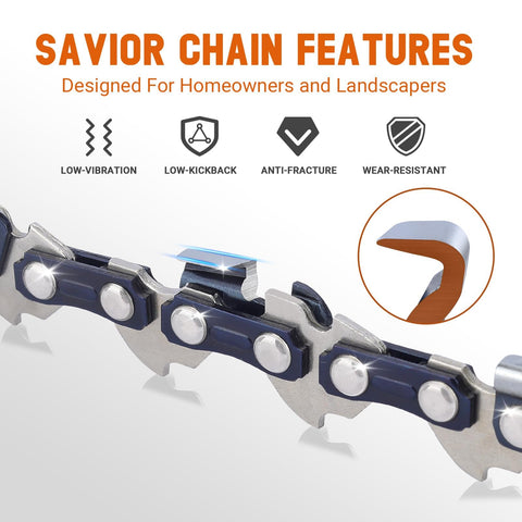 Savior S55 chain close-up highlighting precision pitch and durability.
