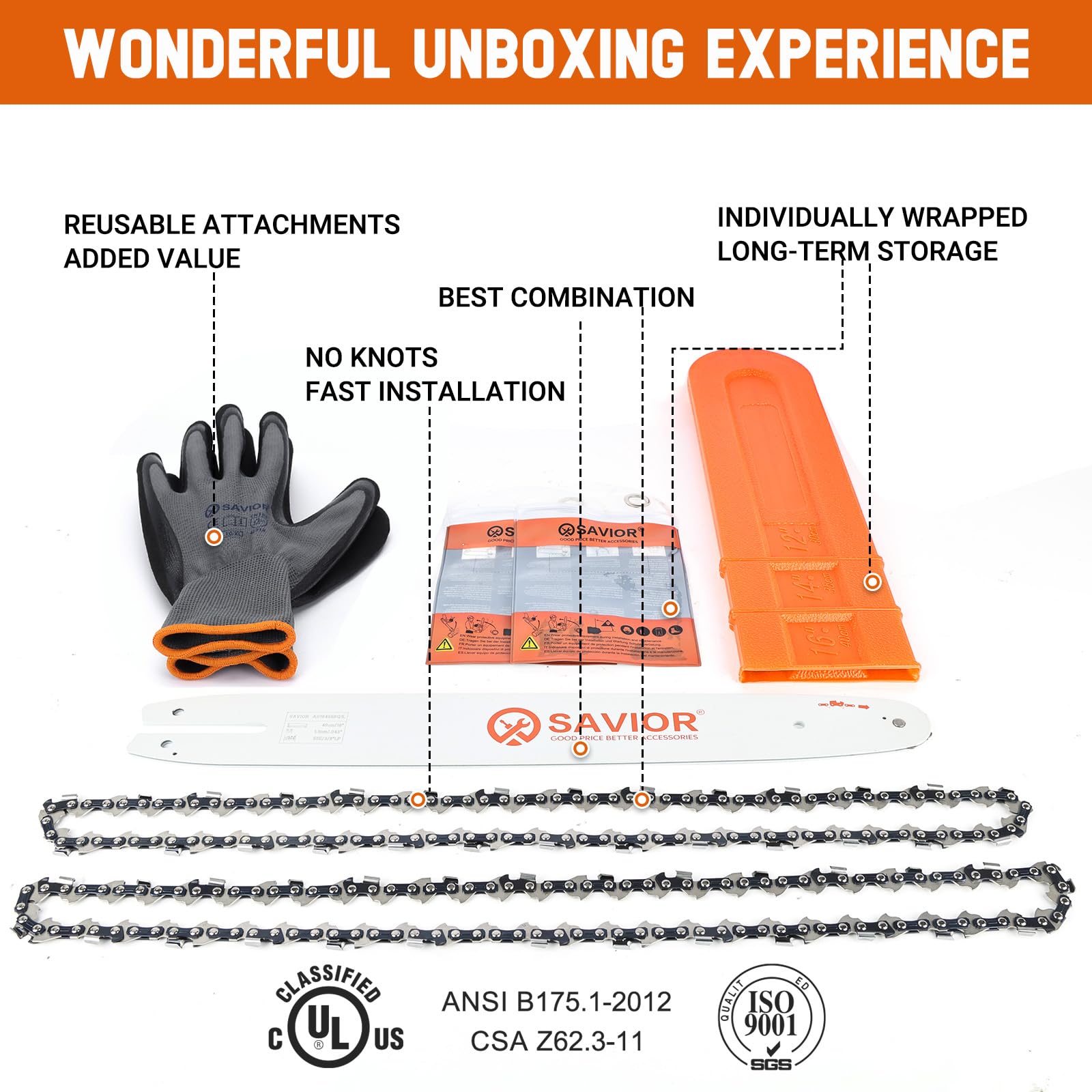 Semi-chisel, low-kickback Savior chain design for safer cuts.
