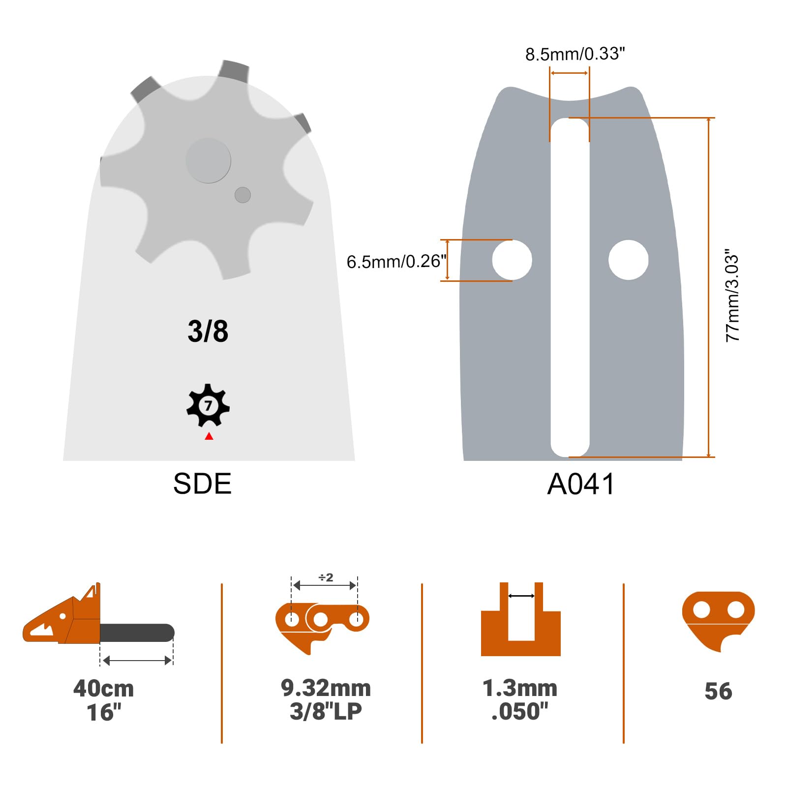 Savior tail mount A041 and sprocket nose show compatibility with a wide range of saw brands