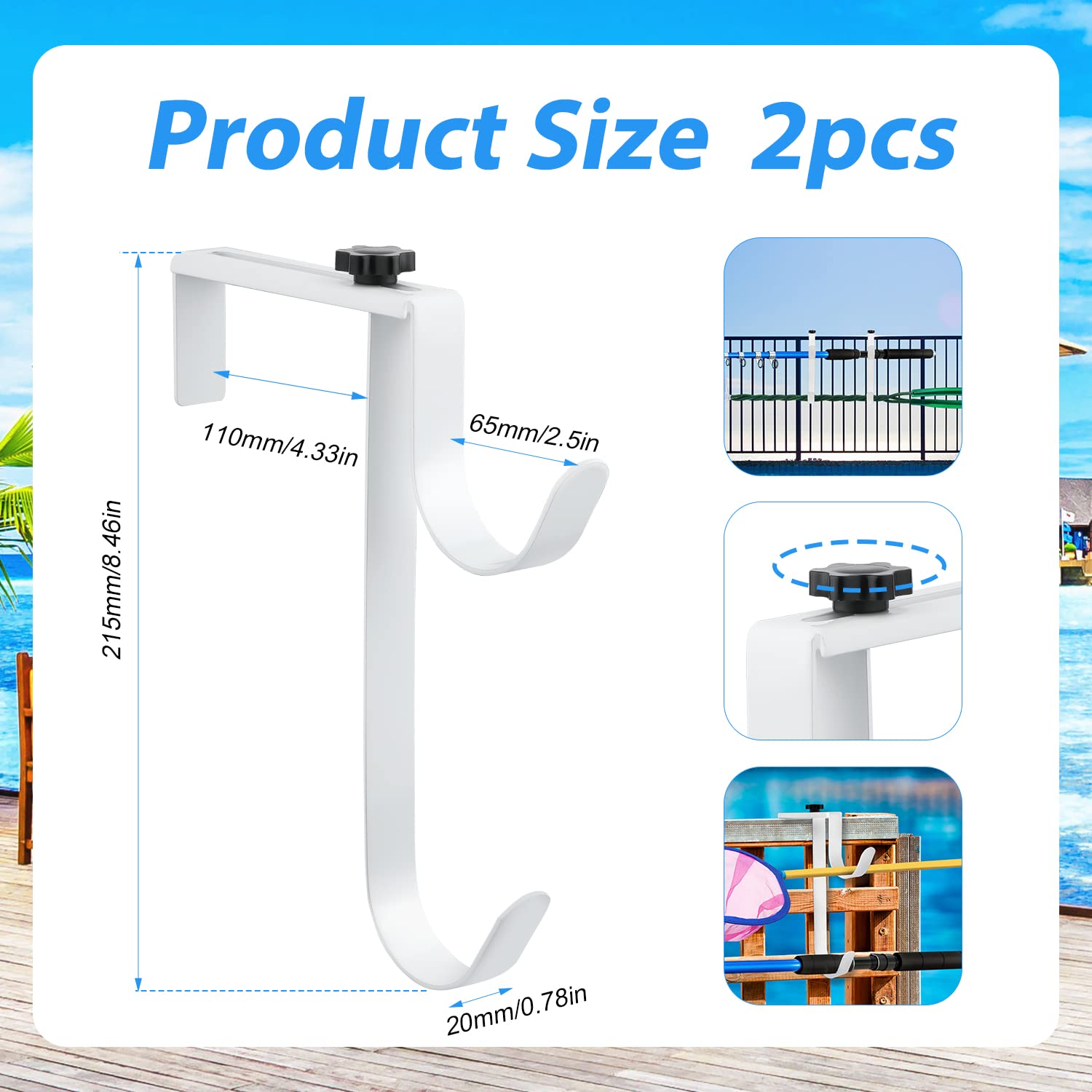 Savita adjustable pool fence hook secures tools on any fence.