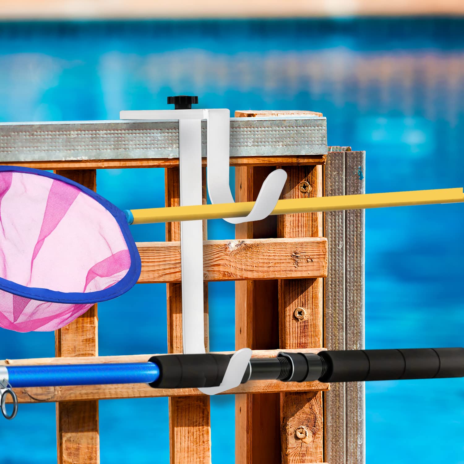 Savita pool hook fits most fences and surfaces for versatility.