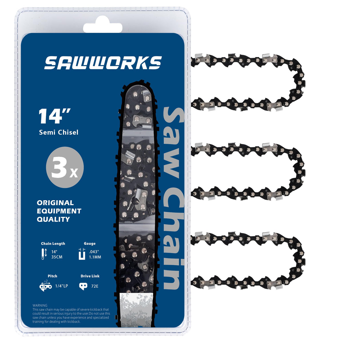 SawWorks Stihl 14-inch chain close-up showing precision cutting teeth for smooth performance.