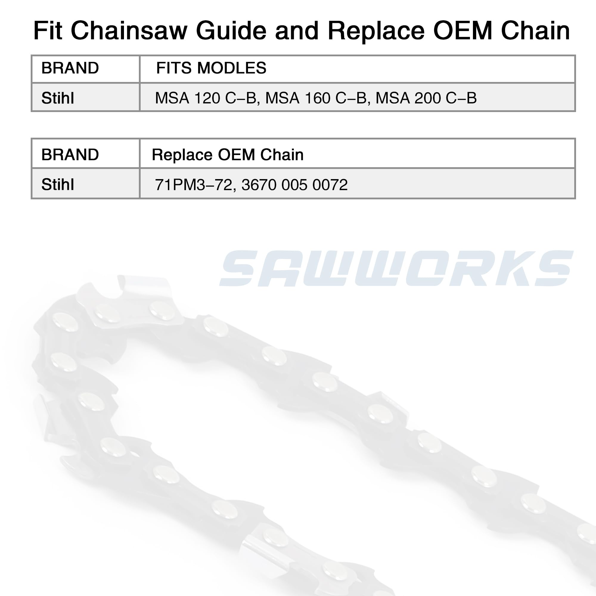 SawWorks MSA-200-C-B chain close-up with heat-treated construction.
