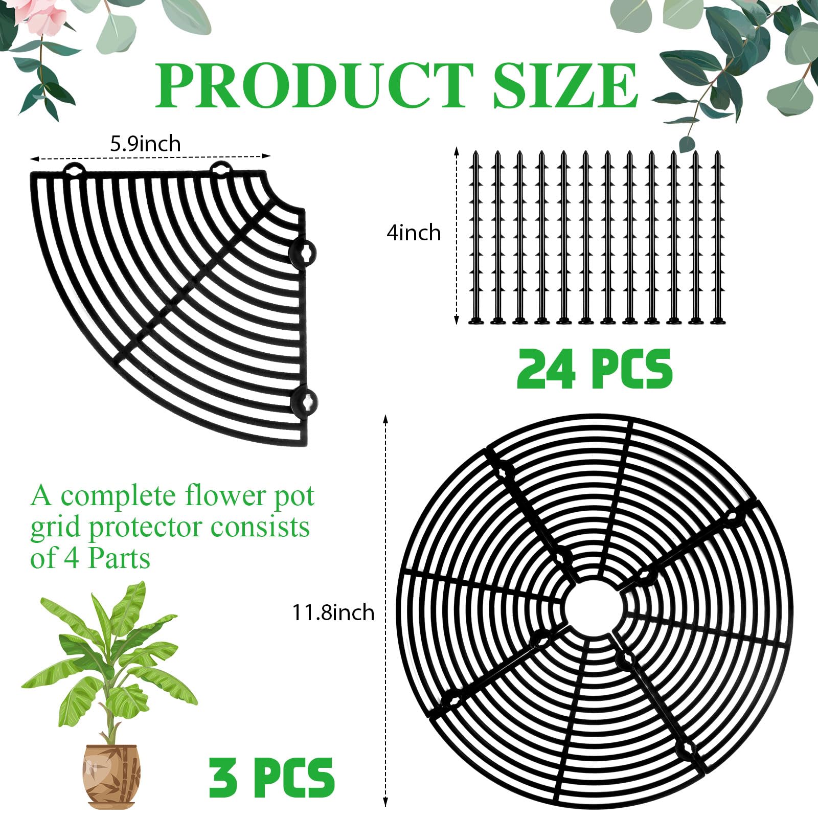 Sawysine grid cover with eight stakes secures pot protector in place.