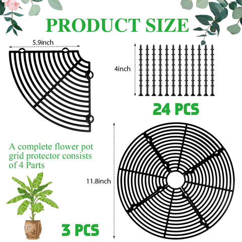 Sawysine grid cover with eight stakes secures pot protector in place.