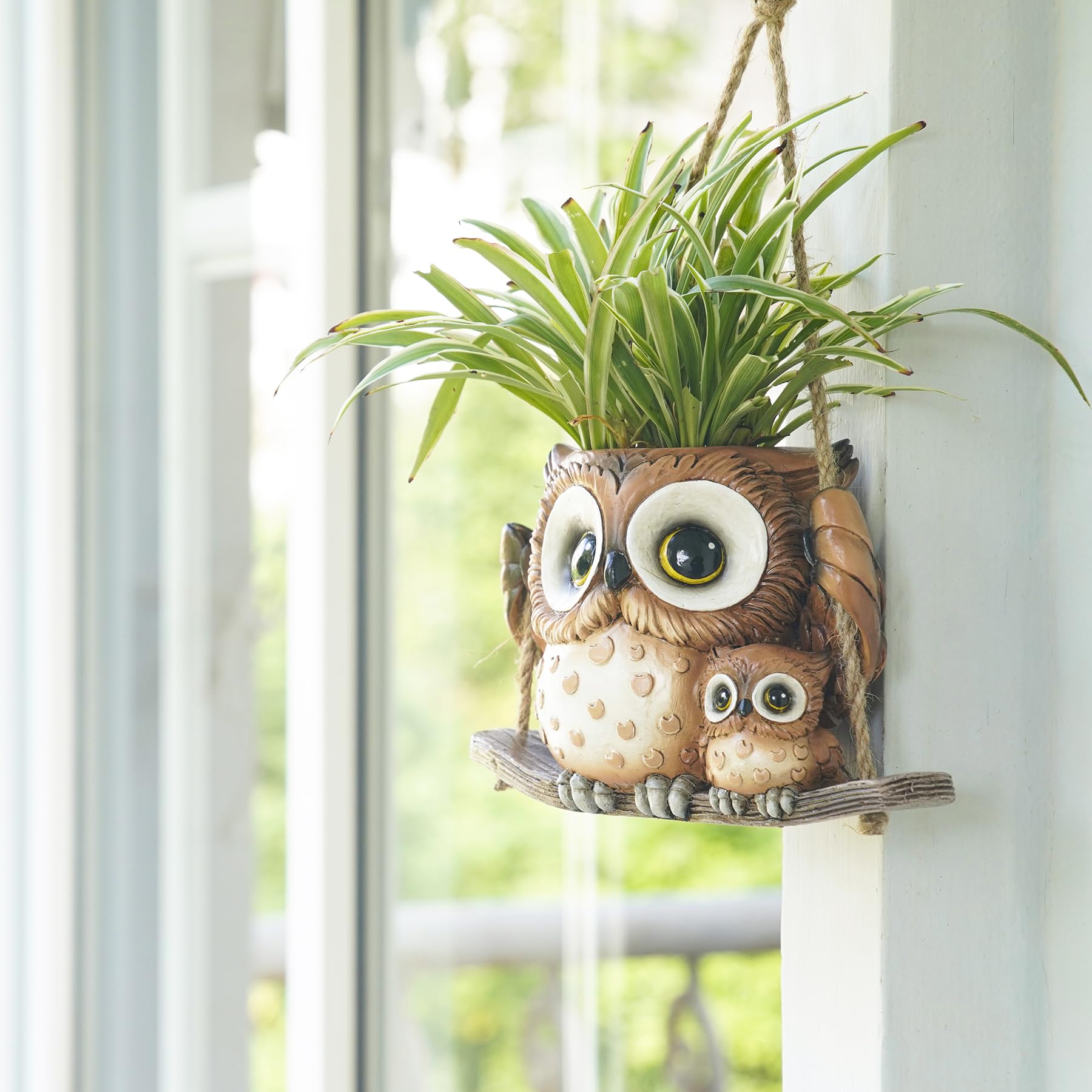 Saysmile resin hanging planter with owl motif adding whimsical outdoor charm