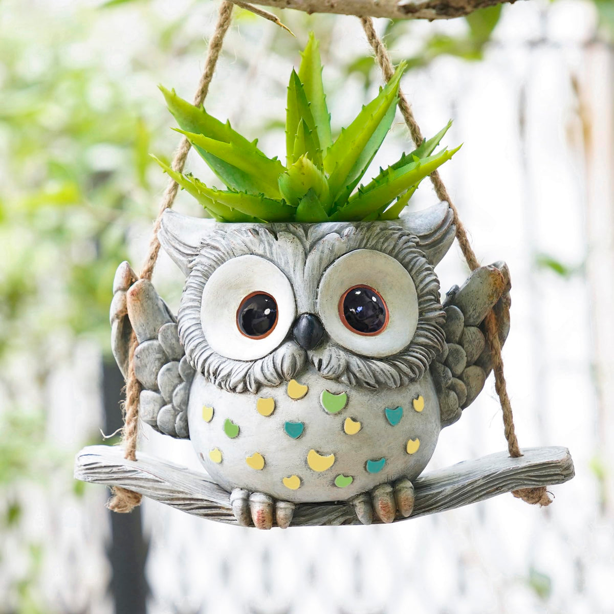 Saysmile Swing Owl planter in indoor decor setup adding whimsy to a shelf.