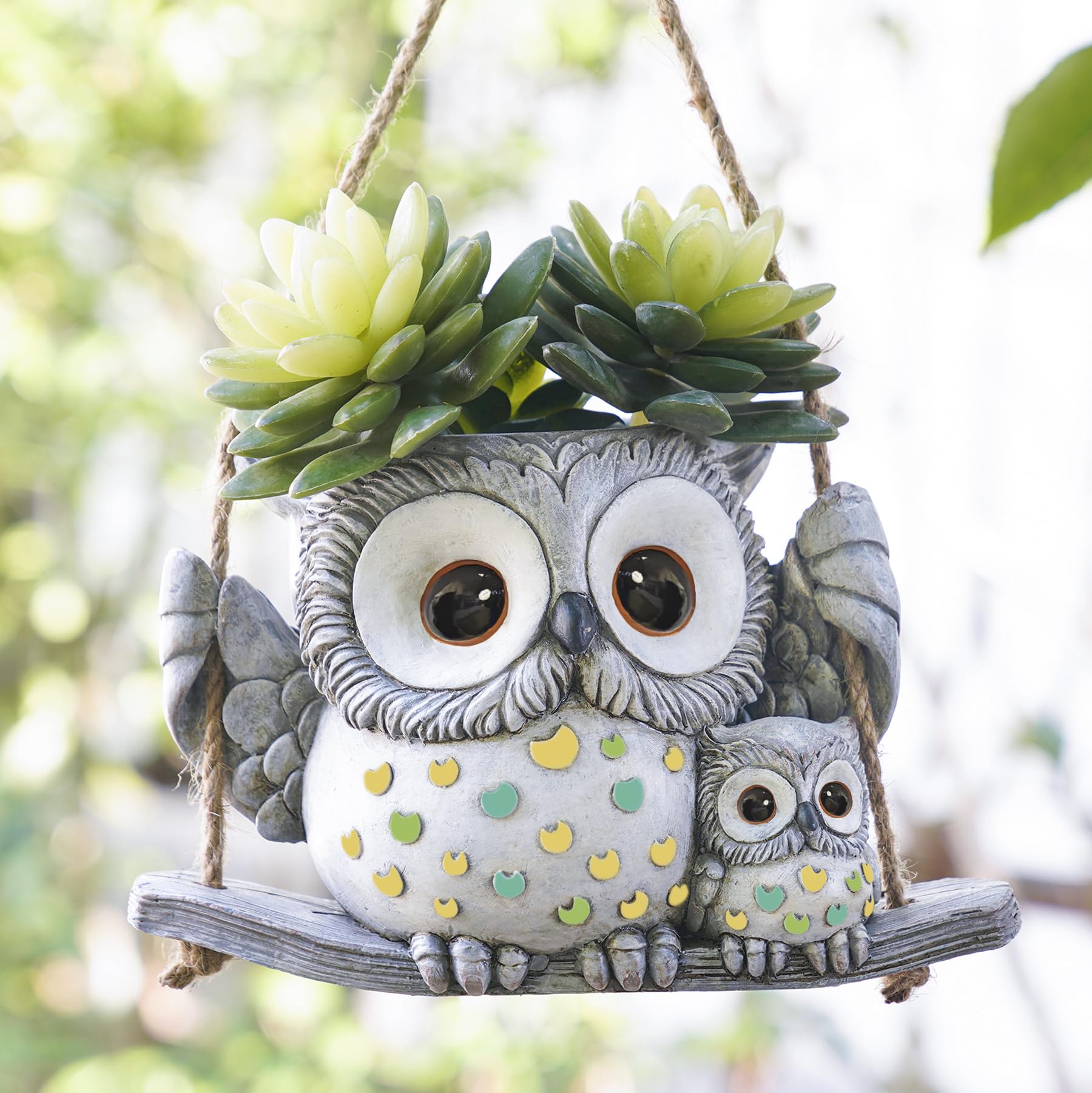 Saysmile Swing Owl Planter with mother and baby on a swing for cozy indoor decor.