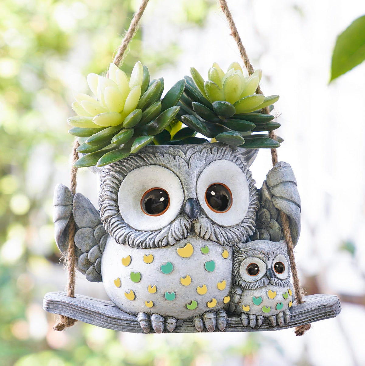 Saysmile Swing Owl Planter with mother and baby on a swing for cozy indoor decor.