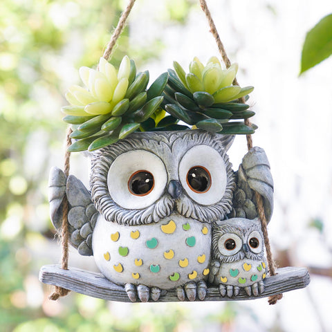 Saysmile Swing Owl Planter with mother and baby on a swing for cozy indoor decor.