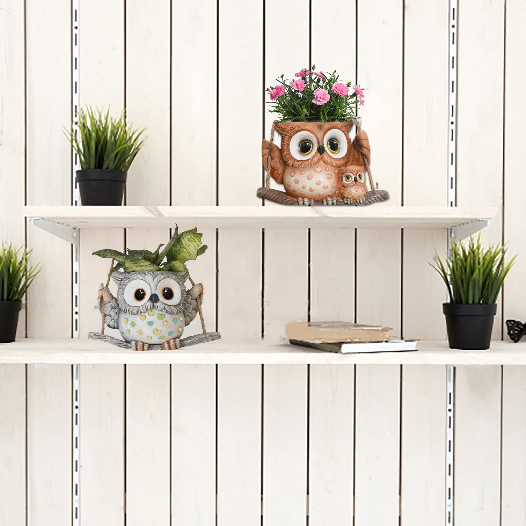 Saysmile Swing Owl planter featuring String of Pearls trailing gracefully.