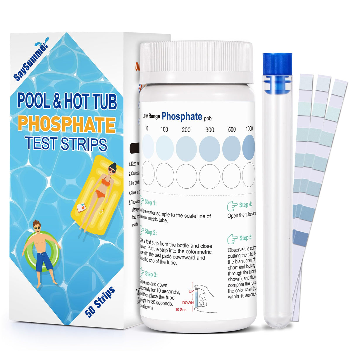SaySummer phosphate test strip in pool water for quick pool testing and clarity